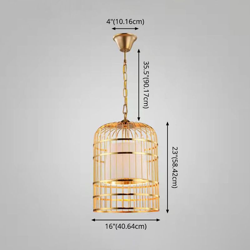 Gold Plated Birdcage Hanging Lamp Country Metal 1 Bulb Restaurant Ceiling Light with Cone Shade