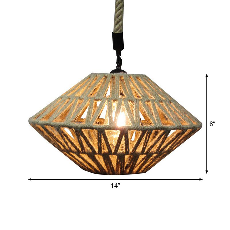 1 Light Flying Saucer Hollowed Pendant Rustic Brown Jute Rope Ceiling Suspension Lamp