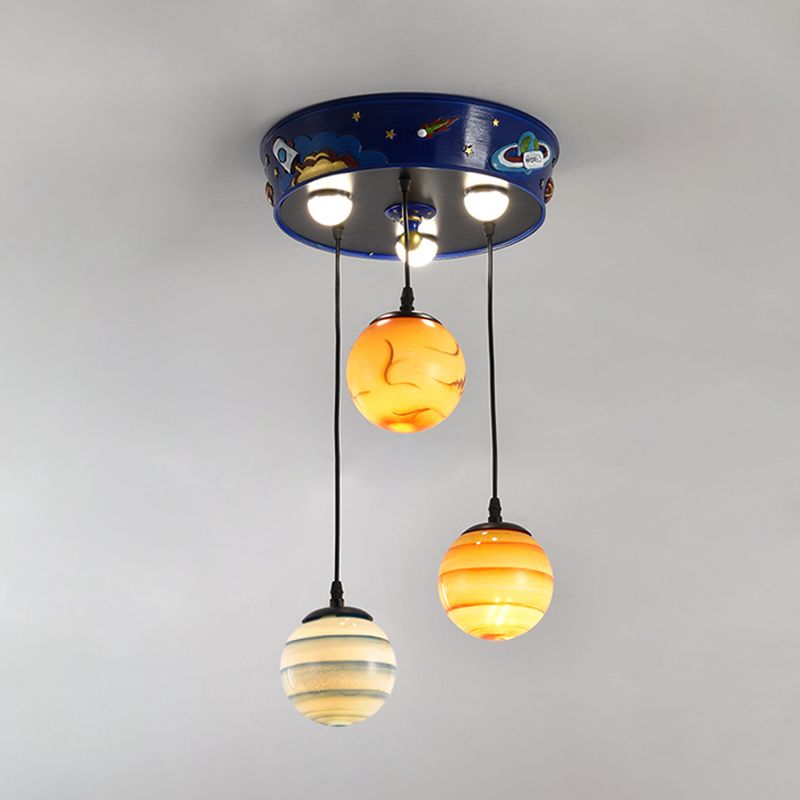 Kids 3-Bulb Cluster Pendant Blue Planet Hanging Ceiling Light with Frosted Glass Shade for Nursery