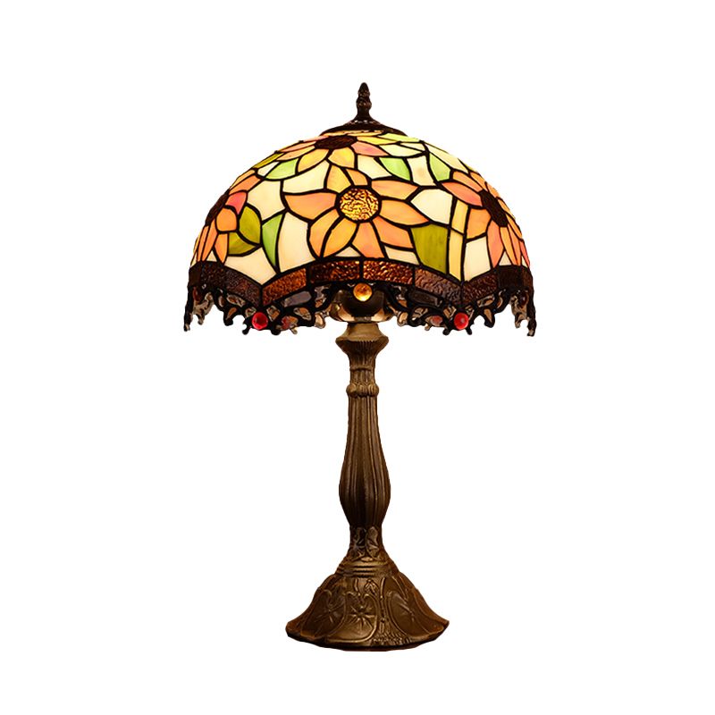 1-Light Scalloped Night Lamp Baroque Bronze Stained Art Glass Floral Patterned Nightstand Light for Bedroom