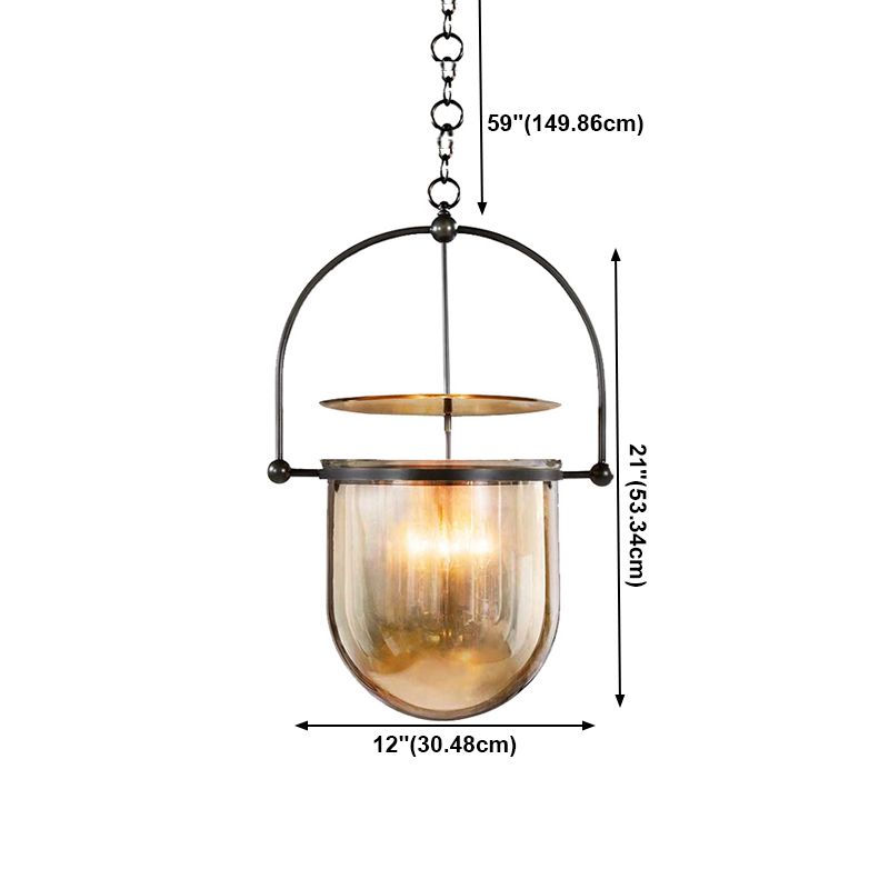 Industrial Retro Single Pendant Light Electroplate Iron Hanging Lamp with Amber Glass Shade