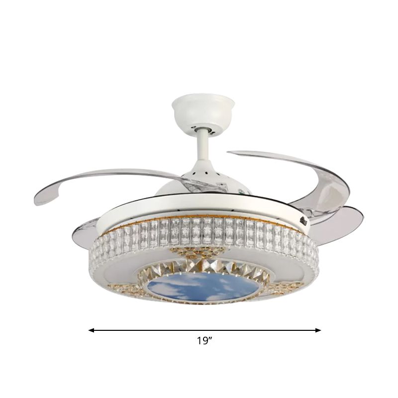 Eenvoudige LED-hangende ventilatorlamp Witte cirkel 4-blade semi-spoellamp met kristalschaduw, 19 "breedte