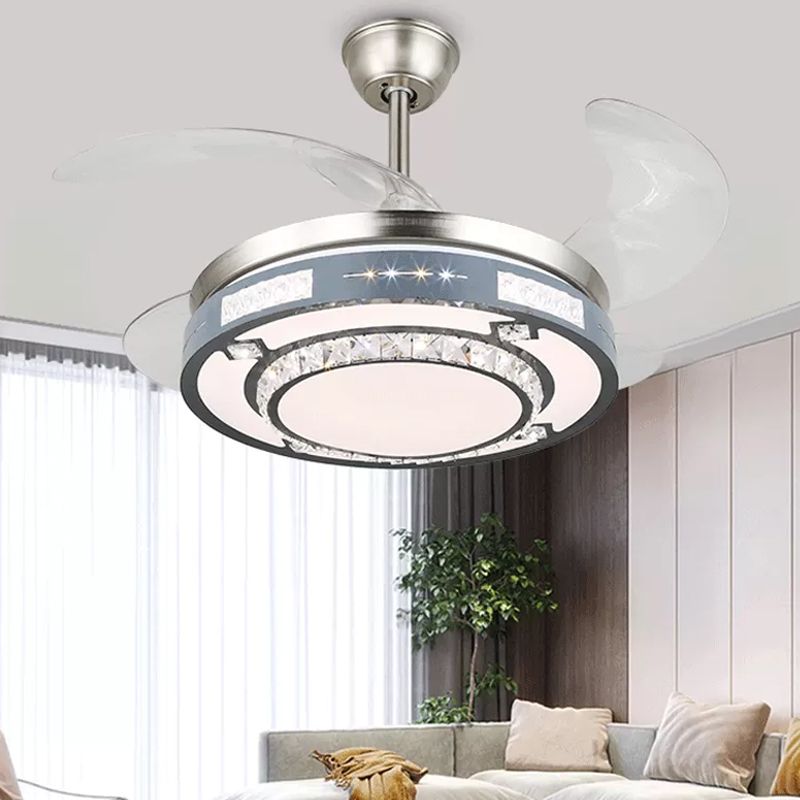 Ronde hangende ventilatorlampbeveiliging Modern Crystal 19 "Wide Led Silver Semi Flush Mount Light, 4 Blades