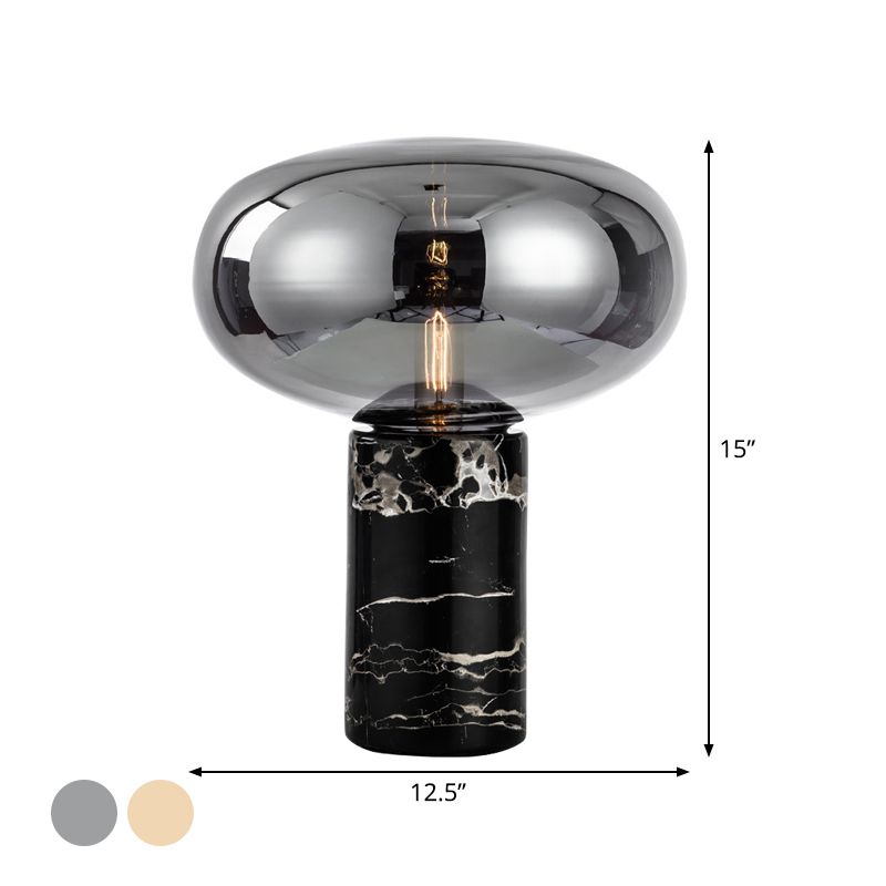 Ellipse Smoke Grey/Amber Glass Table Lamp Post-Modern 1-Light Black Nightstand Light with Cylindrical Marble Base