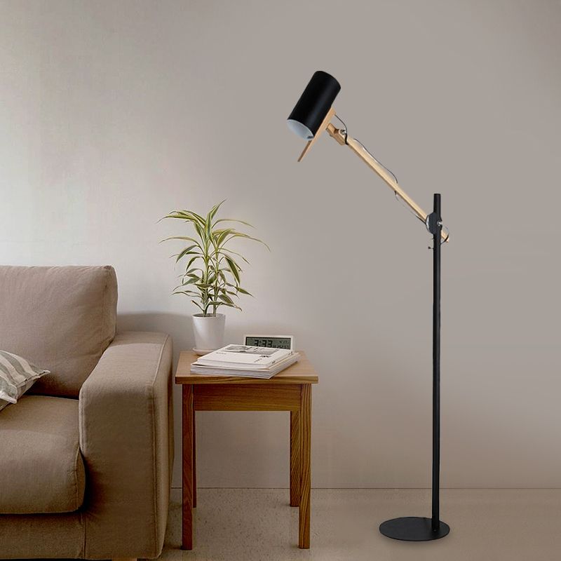 White/Black and Wood Tube Floor Lamp Modernist Iron 1 Light Swing Arm Standing Floor Light