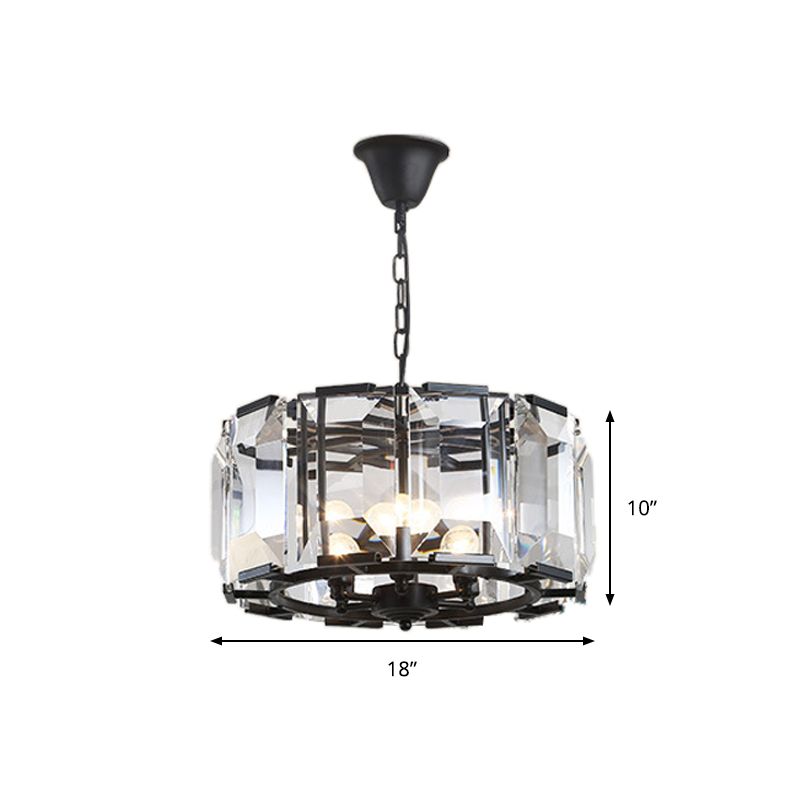 18"/25.5" Diameter Metal Drum Shade Ceiling Chandelier with Crystal Block Vintage 5/8 Heads Hanging Lamp in Black