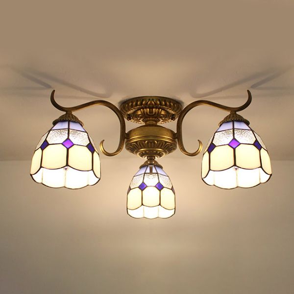 3 Lights Bowl Semi Flushmount Stained Glass Vintage Ceiling Light in Beige/Yellow/Purple/Clear/Blue-Pink/Blue-White/Green-White for Bedroom