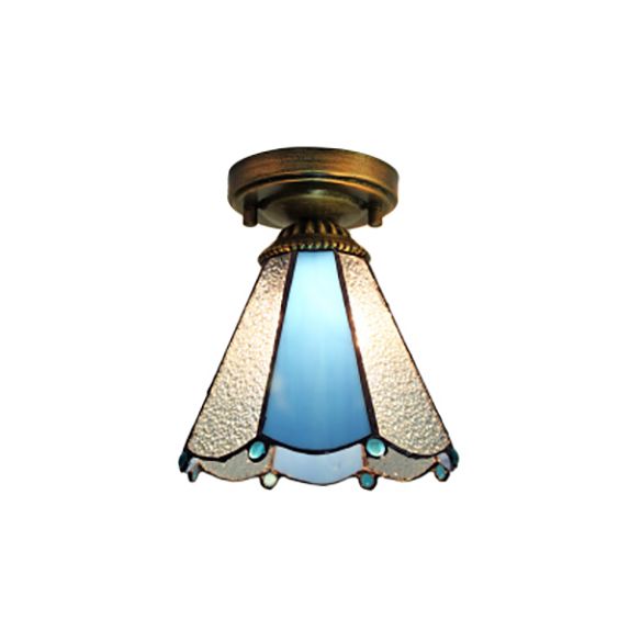 Stained Glass Dome Flush Light  with Triangle/Blue Square/Blue Leaf/Square/Blue Diamond/Diamond Parrern 1 Light Mediterranean Flushmount in Brass Finish