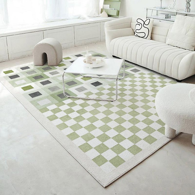 Green Nordic Rug Polyester Grid Pattern Rug Stain Resistant Rug for Home Decoration