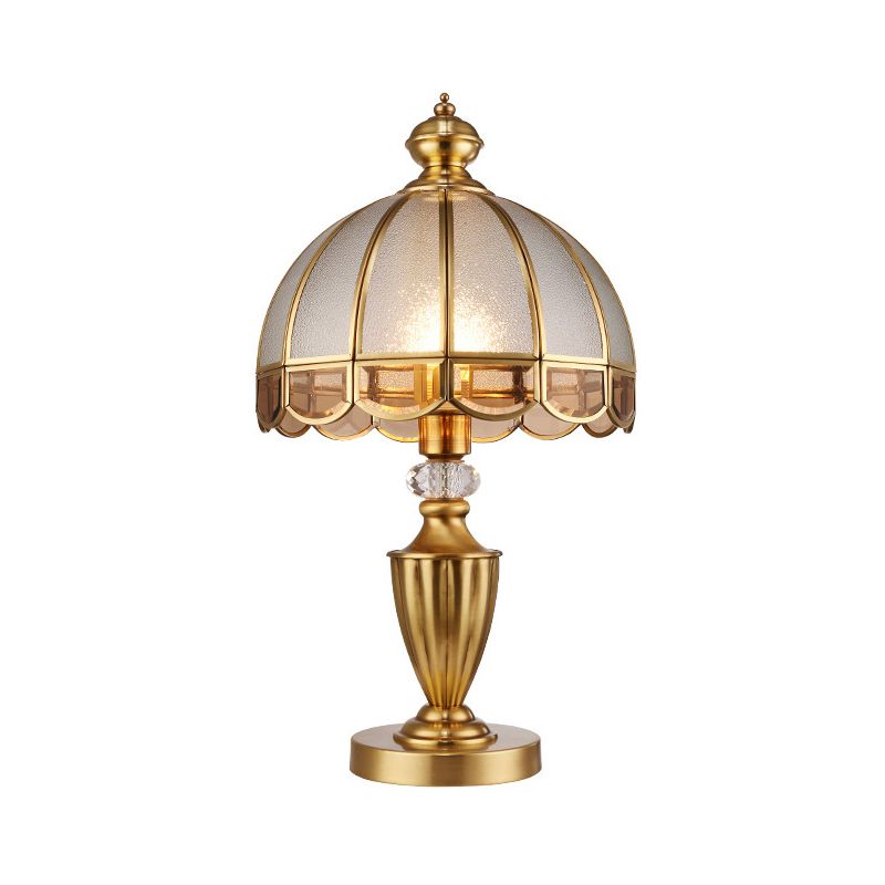 1 Head Frosted Glass Night Light Colonialism Gold Dome Shade Bedroom Metal Table Lamp with Clear Crystal Accent