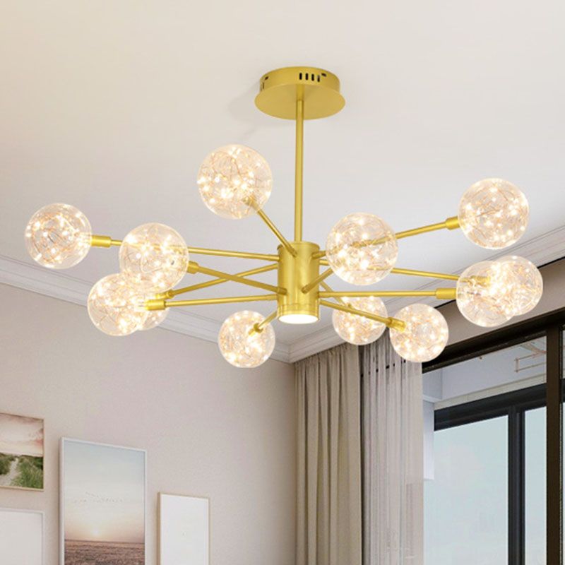 Starburst Hanging Ceiling Light Modern Metal Living Room LED Chandelier with Orb Glass Shade