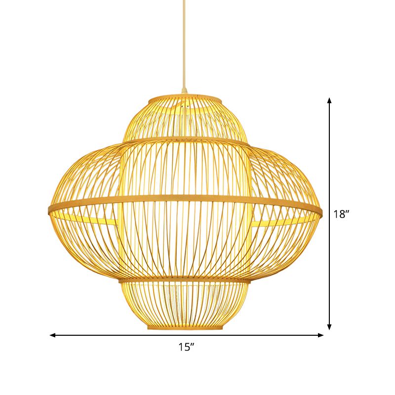 Lantern Pendant Lamp Chinese Bamboo 1 Head Beige Hanging Ceiling Light, 18"/23.5" Wide