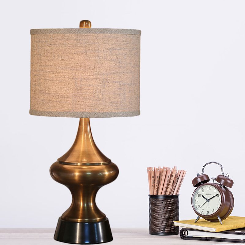 Bronze/Nickel Drum Shaped Desk Light Vintage Style Fabric 1 Light Guest Room Night Table Lamp