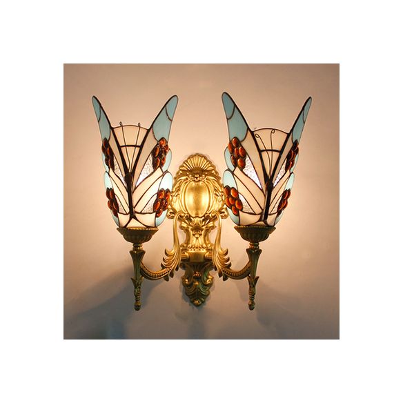 Rustic Lodge Butterfly Wall Lighting Stained Glass 2 Heads Wall Mount Light for Dining Room