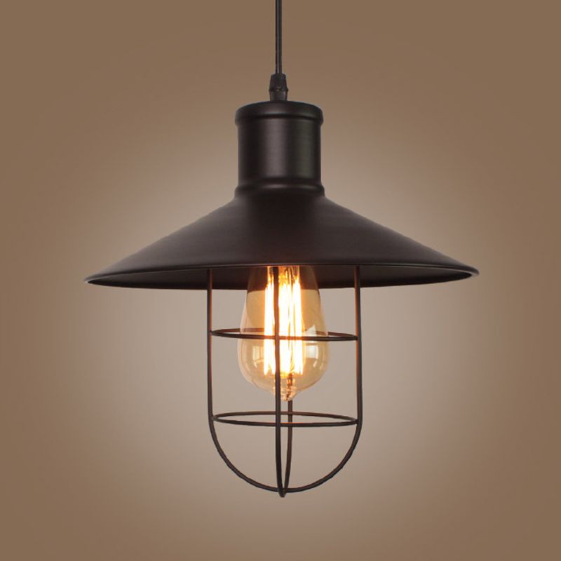 Industrial Saucer Shade Pendant Lamp 1 Head Metal Hanging Light Fixture with Cage Bottom in Black