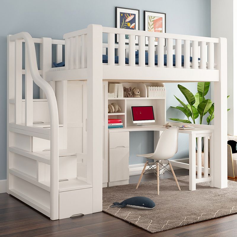 Modern Solid Wood Loft Bed Natural Storage Kids Bed with Guardrails