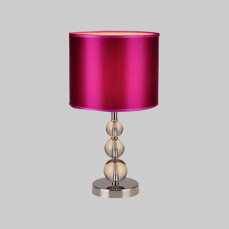 Traditional Cylinder Shaded Table Light 1 Head Fabric Nightstand Lamp in Purple with Clear Crystal Orbs