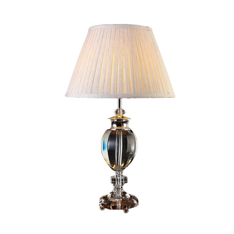 1 Light Fabric Nightstand Light Countryside Beige Pleated Lampshade Bedroom Table Lamp with Crystal Base