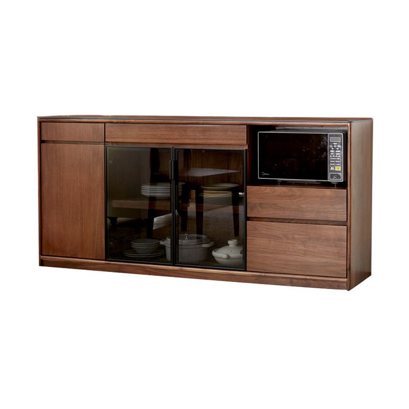 Modern Solid Wood Sideboard with 3 Drawers Glass Door in Brown