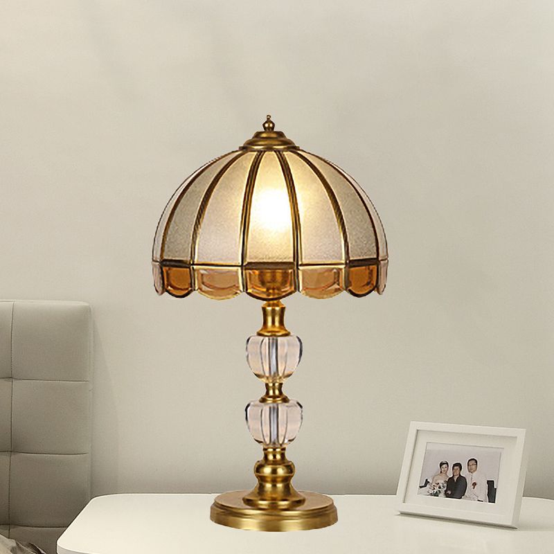 1 Bulb Night Table Lamp Vintage Scalloped Shade Beige/Frosted Glass Nightstand Light in Gold with Clear Crystal Accent