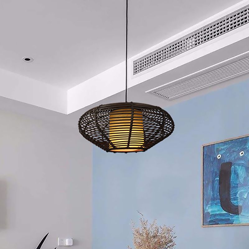 Lámpara de iluminación colgante cilíndrica de tela 1 lámpara de caída de café ligera con jaula de bambú ovalado