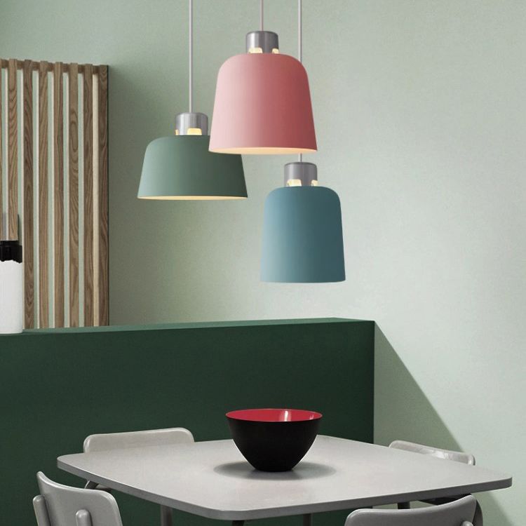 Metal Bucket Shade Hanging Light Single Light Nordic Pendant Lighting in Blue/Green/Pink for Restaurant Dining Room