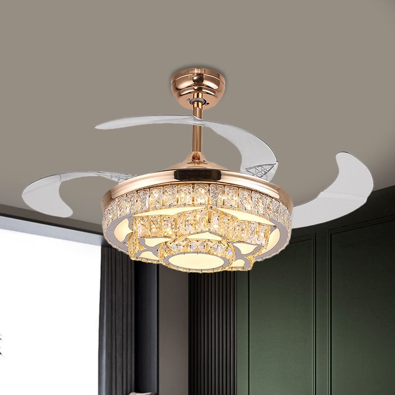 Simple Lotus Hanging Fan Lamp Crystal Block 19" Wide LED Bedroom Semi Flush Light in Gold/Chrome with 4 Blades