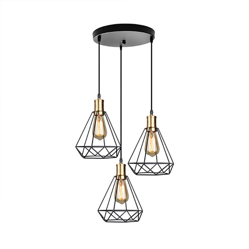 3 Heads Hanging Lamp Farmhouse Teardrop Cage Shade Metal Suspended Lamp with Round/Linear Canopy in Brass