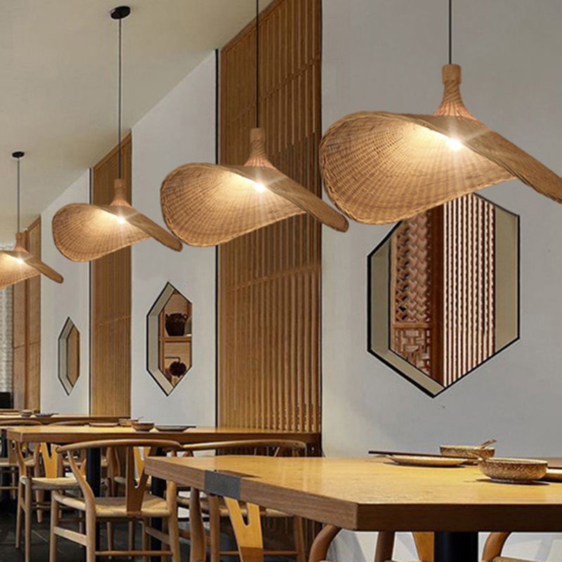 Hat Shaped Bamboo Ceiling Lighting Asian Style 1 Bulb Wood Hanging Light for Restaurant