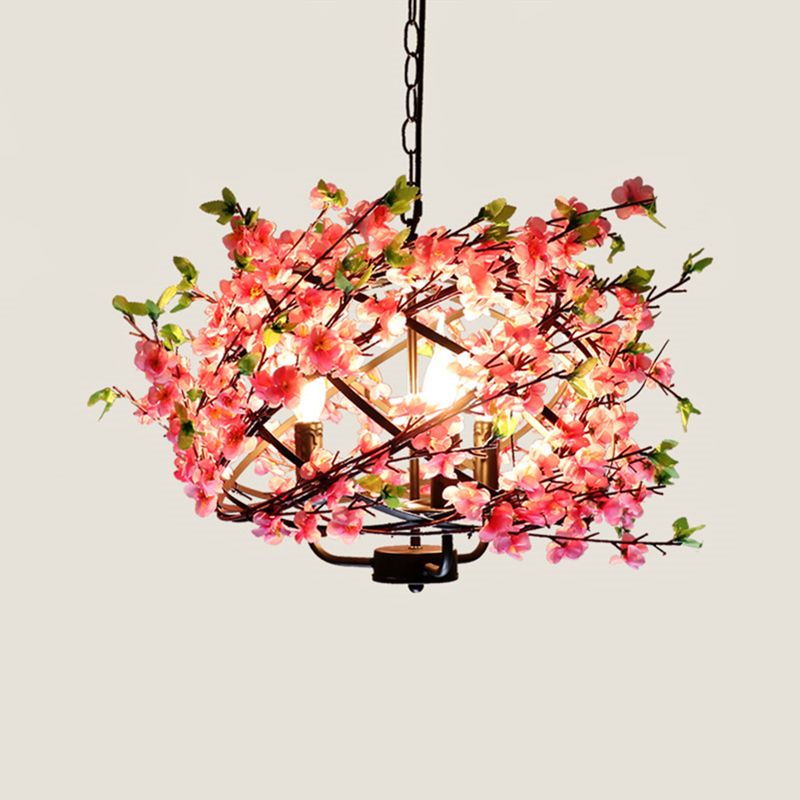 Metallic Cage Suspension Light Retro 4 Bulbs Restaurant Chandelier Light with Decorative Flower in Pink