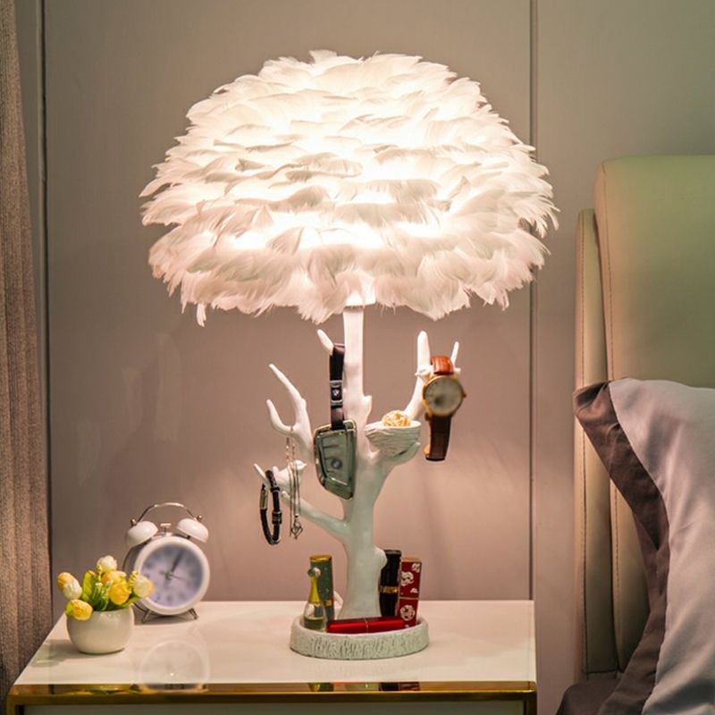 Artistic Tree Branch Table Light Resin Single Living Room Nightstand Lighting with Feather Shade in White