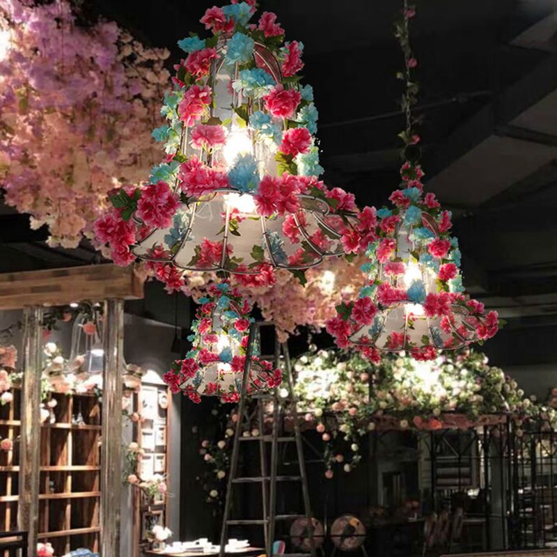 Pink/Light Pink Bell Pendant Lighting Industrial Metal 1 Head Restaurant LED Hanging Ceiling Light with Rose/Cherry Blossom