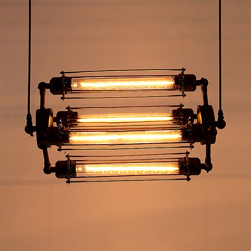 4 Lights Vertical/Horizontal Chandelier Lamp with Tube Cage Shade Iron Industrial Style Indoor Hanging Fixture in Black