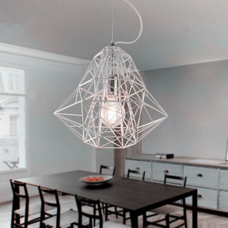 Industrial Cage Diamond Pendant Lighting 1 Head Metallic Hanging Lamp in Black/White for Dining Room, 16"/19.5" Dia