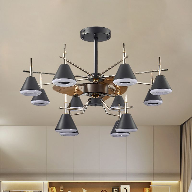 25.5" Wide Cone Semi Flush Mount Light Modernist Metallic 12-Light Black 3-Blade Pendant Fan Lamp