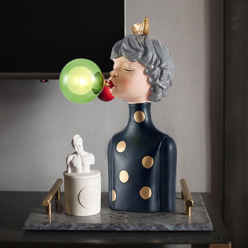 Blowing Bubble Girl Resin Desk Light Cartoon 1 Bulb Black Night Lamp with Clear/Blue/Green Glass Shade