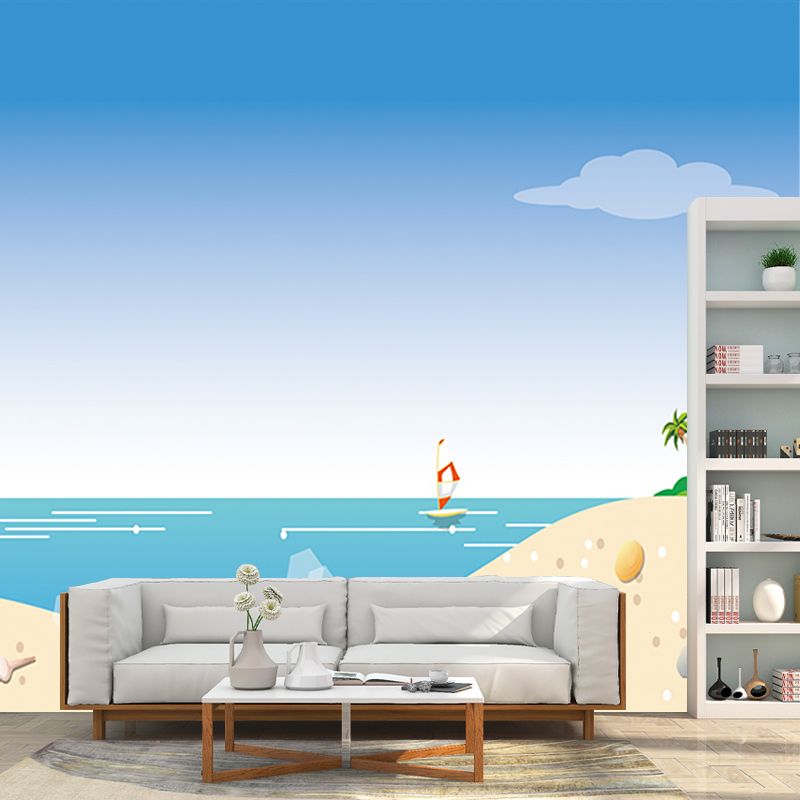 Beach Scenery Wall Mural Decal Childrens Art Smooth Wall Decor in Yellow-Blue, Non-Woven