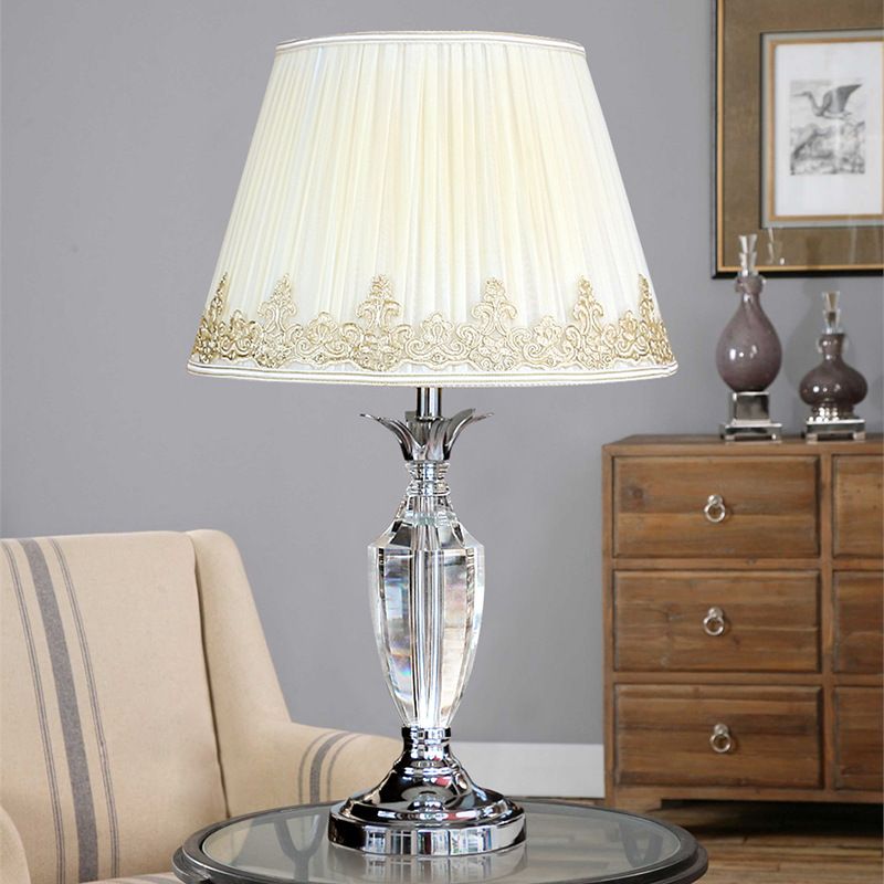 White 12"/14" Wide 1 Light Night Table Lamp Minimalism Fabric Pleated Shade Nightstand Light with Crystal Accent