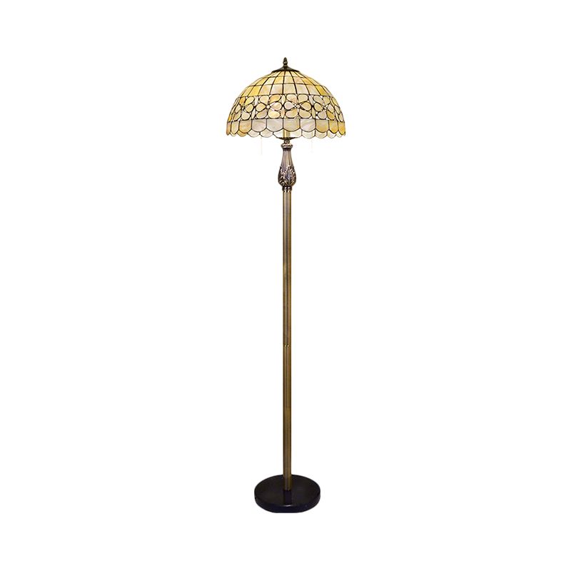 Beige 2 Lights Floor Reading Light Tiffany Shell Domed Stand Up Lighting with Blossom Pattern