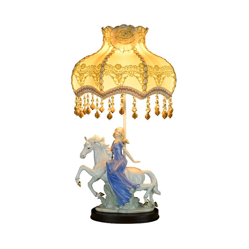 Wave Edge Table Lamp Retro Fabric 1 Head White Night Light with Ceramic Woman and Horse Decor