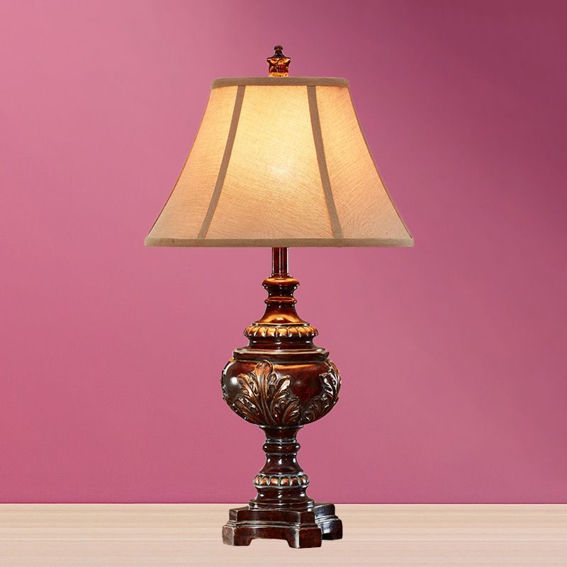 1 Head Bell Shade Nightstand Lamp Traditional Style Brown Fabric Desk Light for Bedside