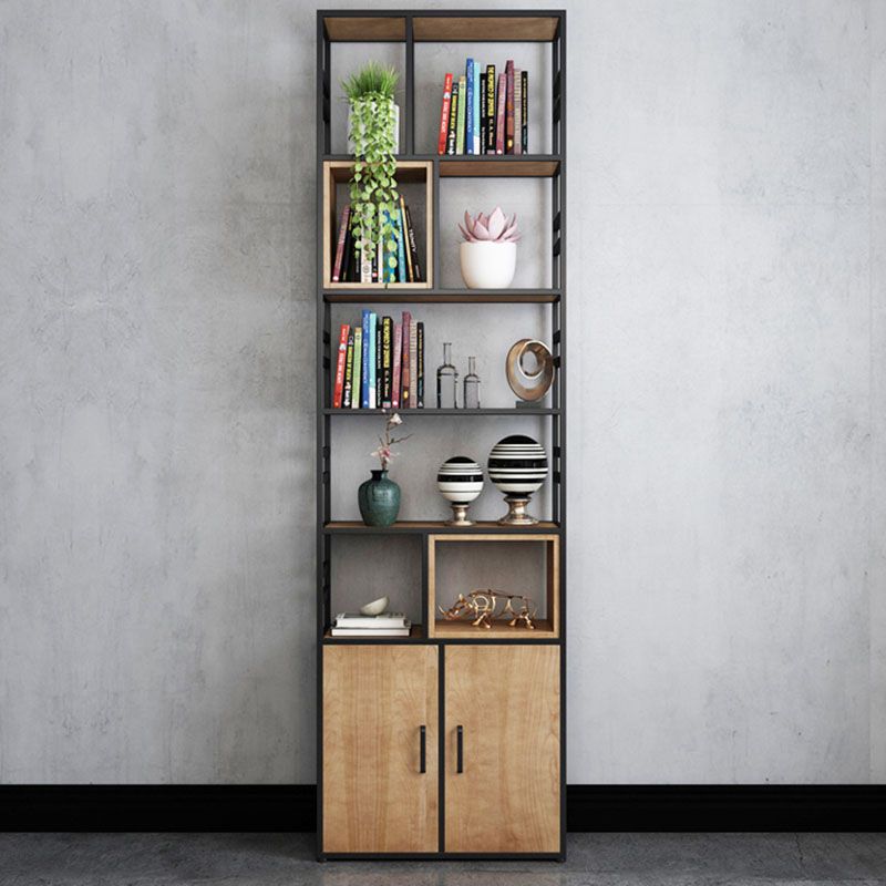 Modern Metal Bookcase Black Geometric Open Shelf Bookshelf with Doors