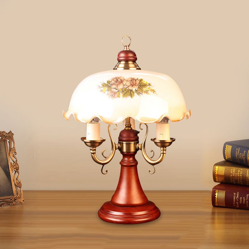 Candlestick Wooden Table Lamp American Flower 2 Bulbs Bedroom Night Stand Light in Red Brown with Wide Bowl Glass Shade