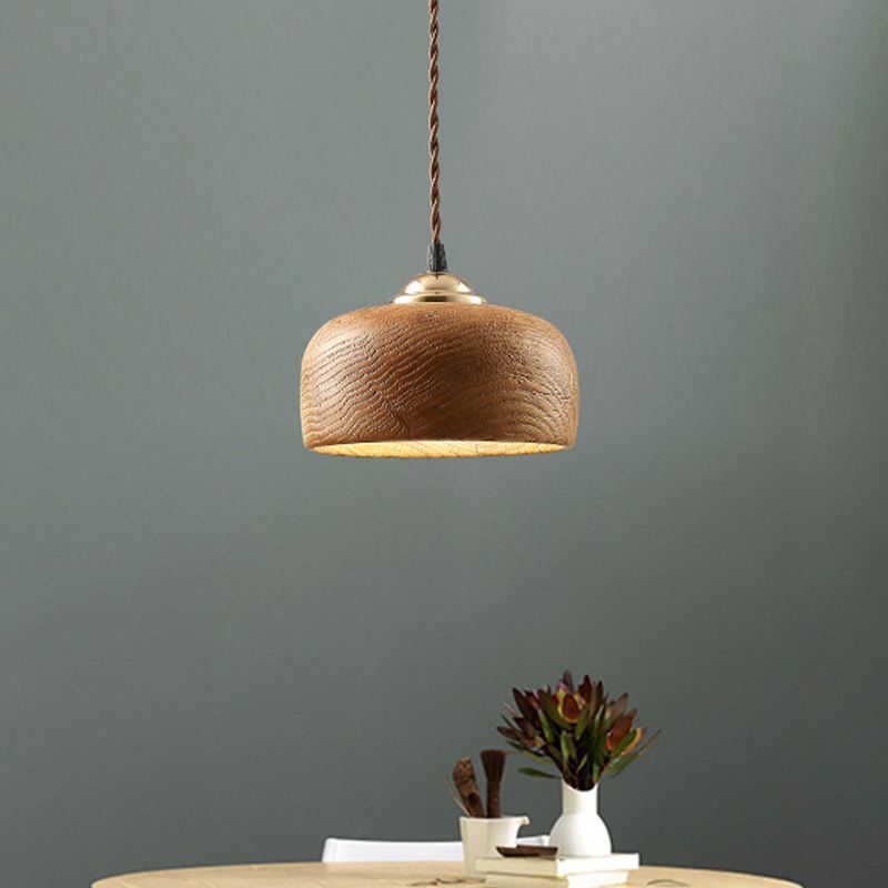 Brown Drum Ceiling Lighting Modernist 1 Bulb Wood Hanging Light Fixture for Dining Room