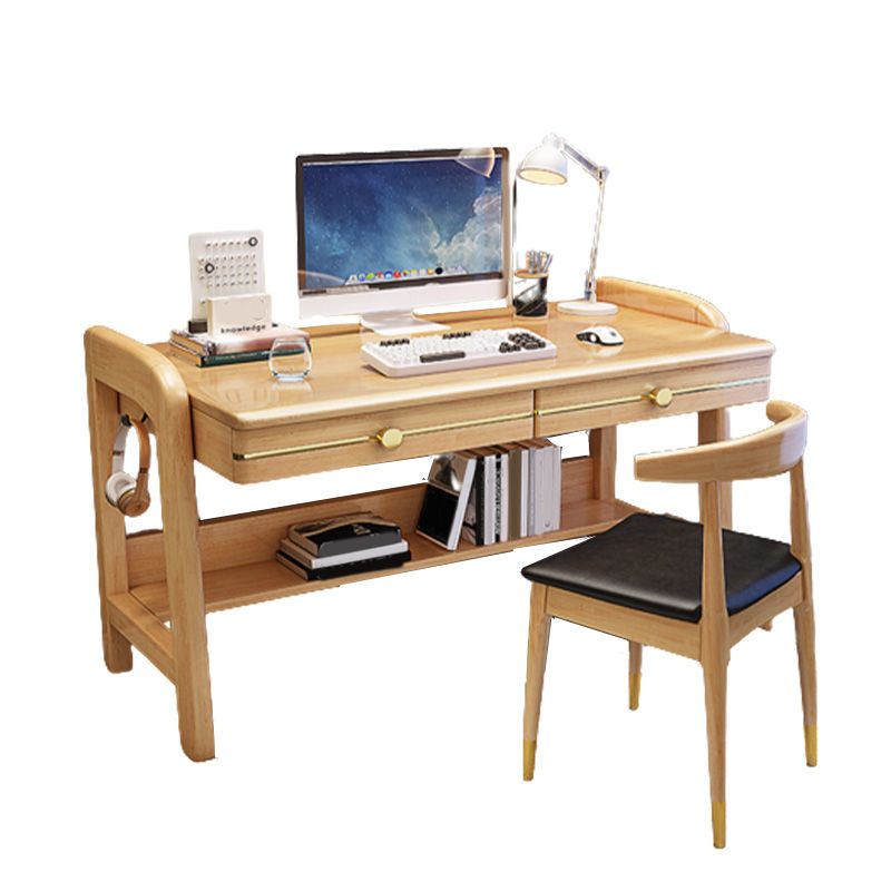 Contemporary Writing Desk with 2 Drawers and 1 Shelf in Solid Wood