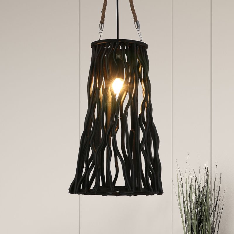 Rustic Barrel/Cone/Globe Pendant Ceiling Light Wood 1 Bulb Dining Room Hanging Lamp in Black