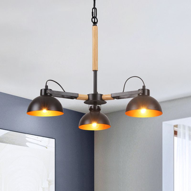 Iron Black and Gold Inner Chandelier Rotatable Bowl Shade 3/5/6 Heads Factory Ceiling Suspension Lamp with Wood Arm