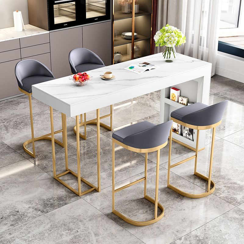 Glam White Wood Bar Dining Table with Stone Top Rectangle Indoor Bistro Table