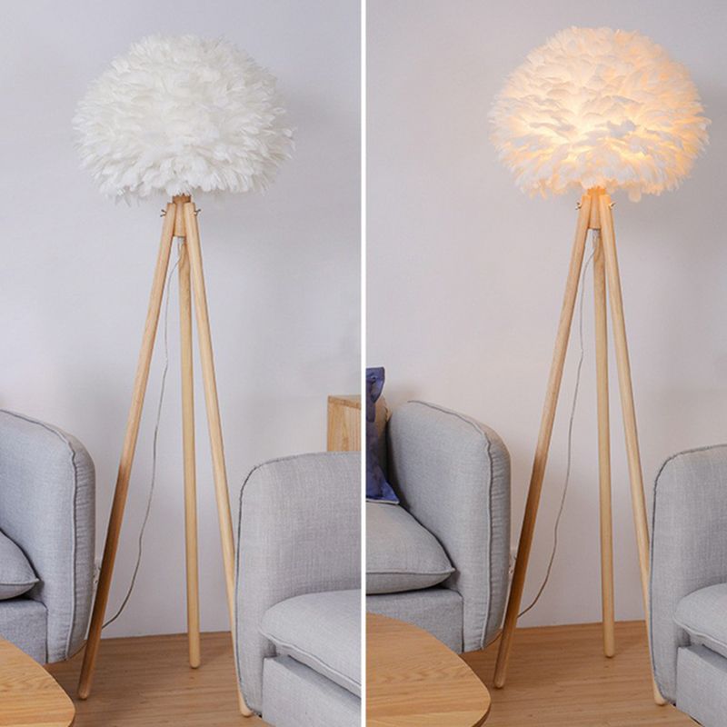 White Dome Floor Lamp Minimalist 1 Bulb Feather Standing Light with Wood Tripod