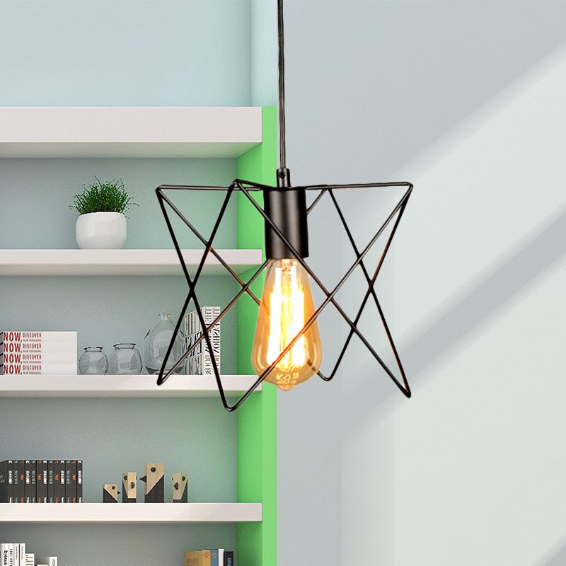 Metal Geometric Ceiling Lighting Industrial 7"/10" W 1 Light Living Room Hanging Lamp with Open Cage Shade in Black